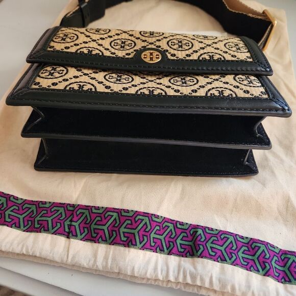 Tory Burch T Monogram Raffia Small Shoulder Bag Tan/Black - Picture 2 of 10